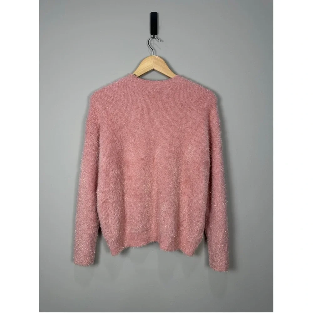 LOFT Women's Pink Fuzzy Knit Crewneck Sweater‎ Sparkle Metallic Gold L